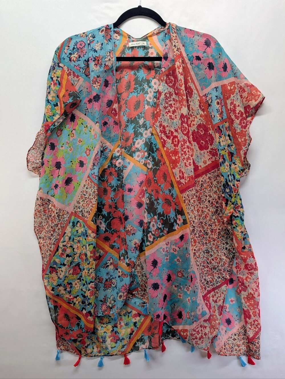 150.Sheer Floral Patchwork Kimono - Turquoise & Coral
